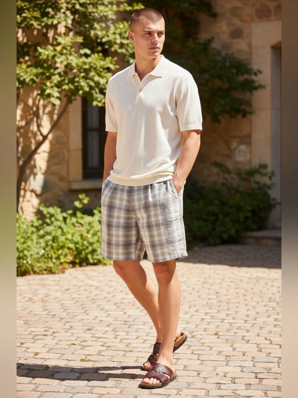Perry Ellis America Plaid Shorts Mens 46 NWT Taupe Beige Golf Casual Flat Front